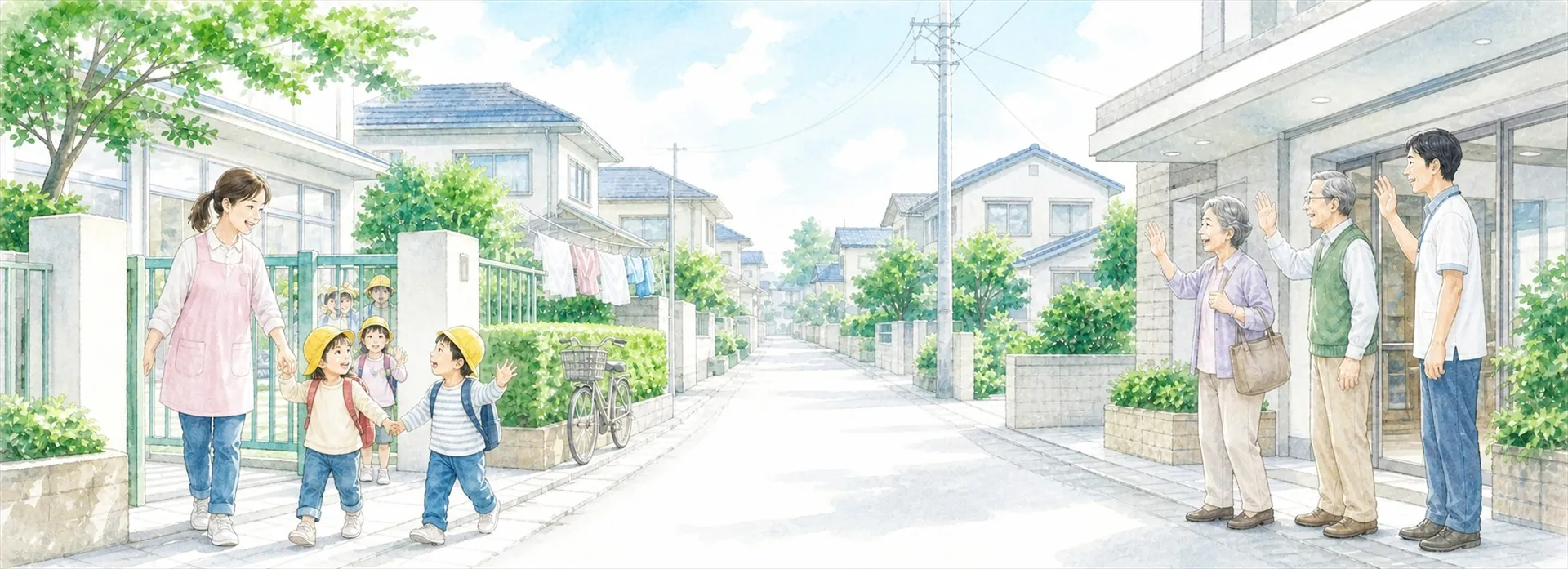 保育園と介護施設が同じ通りに面したまちなみのイラスト。子どもたちと高齢の方が行き交う