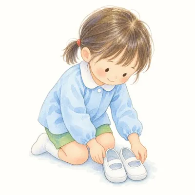 膝をついて自分の上履きを揃える子どものイラスト