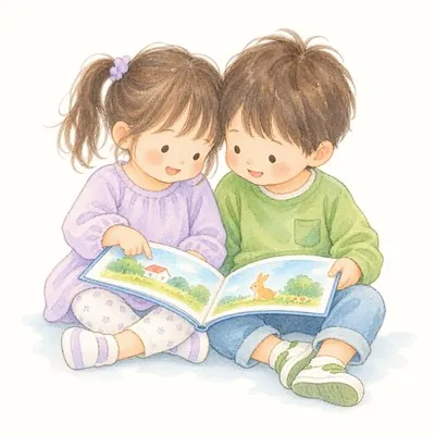 二人の子どもが頭を寄せて一冊の絵本を一緒に見ているイラスト