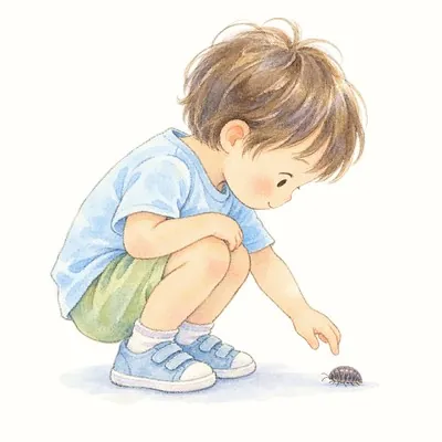 しゃがんで地面の小さな生きものをじっと見つめる子どものイラスト