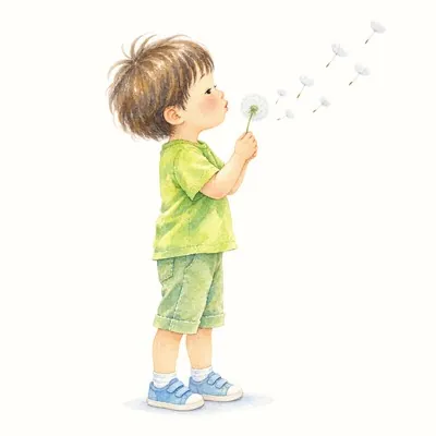 たんぽぽの綿毛を吹き、綿毛が飛んでいくイラスト
