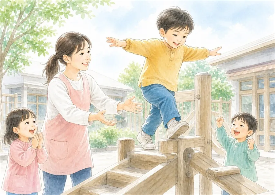 園庭で子どもが自分の力で遊具に登り、保育士が手を添えずに見守っているイラスト