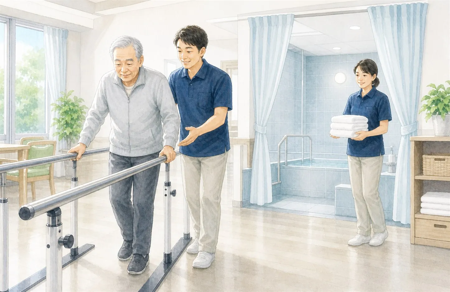平行棒で歩行練習をする高齢の男性と、奥で入浴の準備をする職員のイラスト