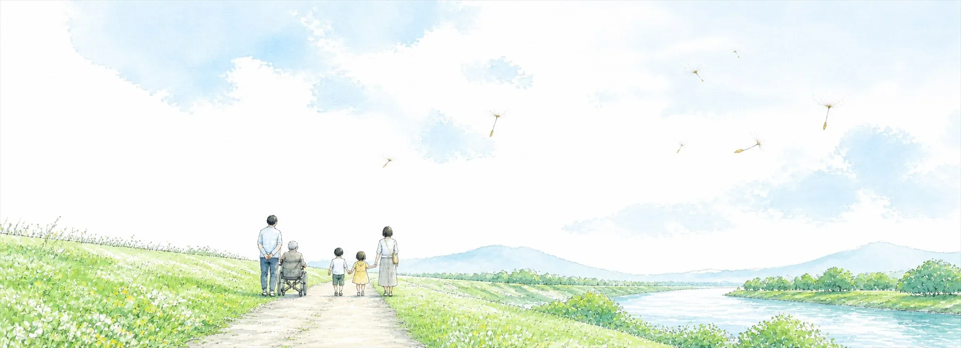 野原を歩く三世代の家族のイラスト