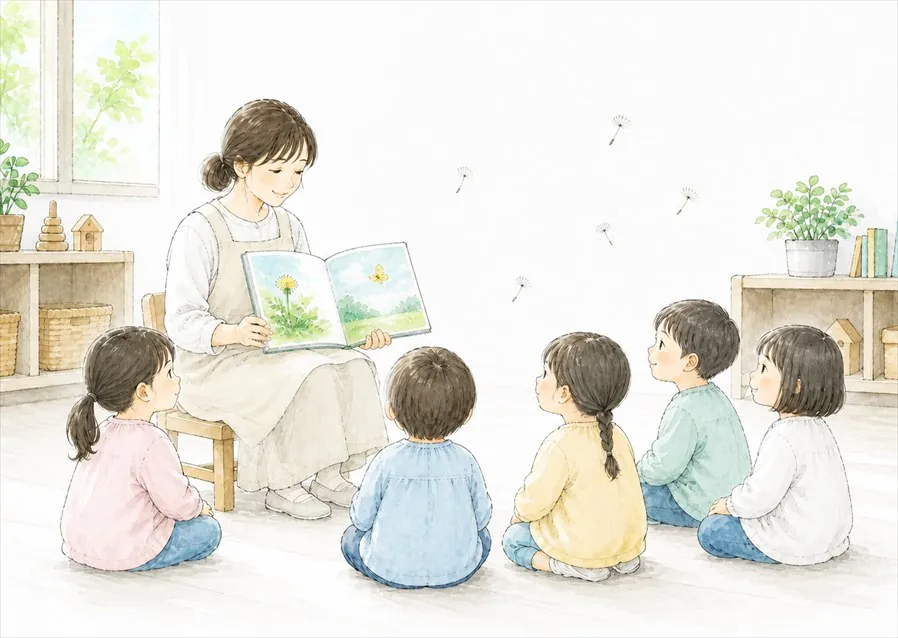 保育士が子どもたちに絵本を読み聞かせているイラスト