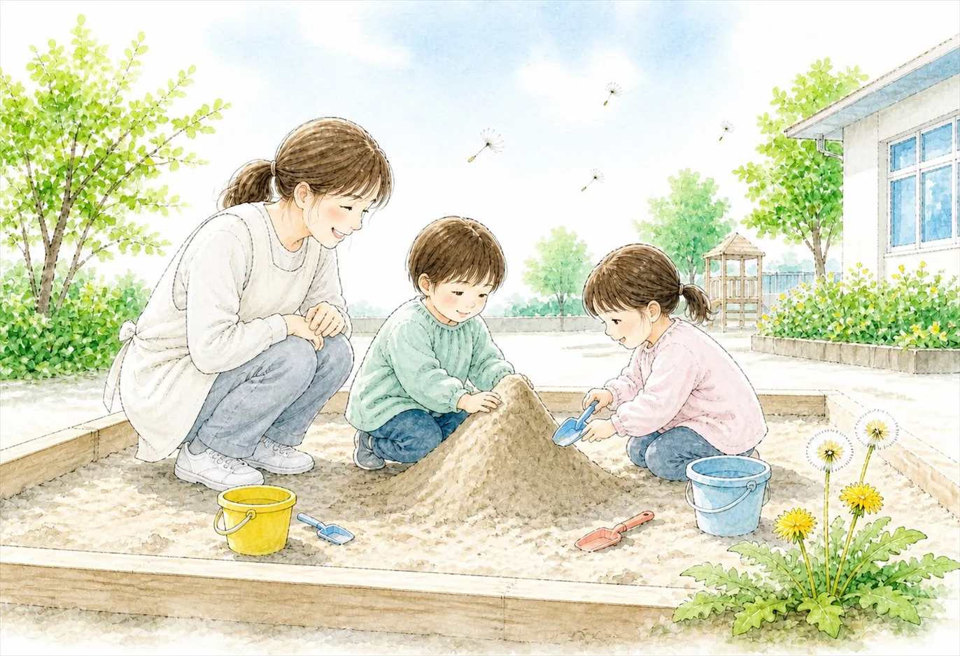 砂場で山をつくる子どもたちと保育士のイラスト