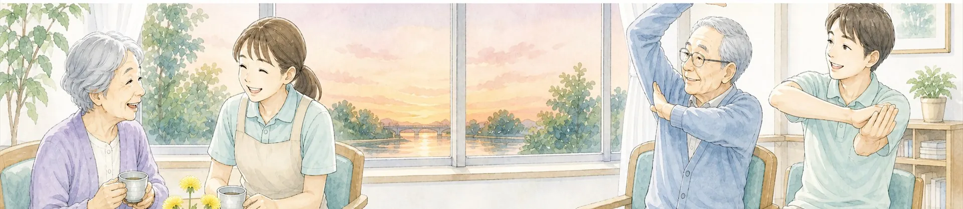 夕方のデイサービスで談笑する利用者と職員のイラスト