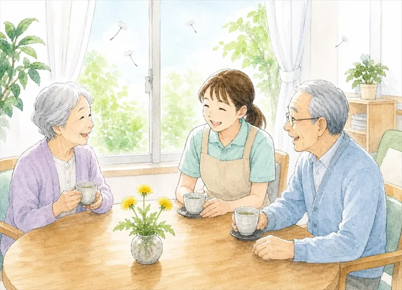 お茶の時間に笑い合う利用者と職員のイラスト