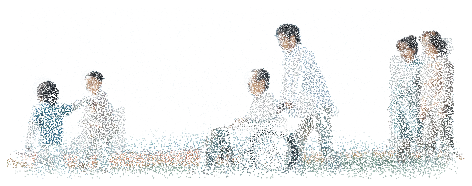 青空の下の野原を歩く三世代の家族と車いすを、色の粒で描いた点描画